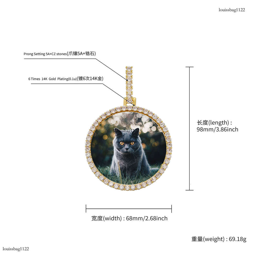 Jewelry Hip-Hop Large Pendant Sier Rose Gold Round DIY Photo Frame Necklace