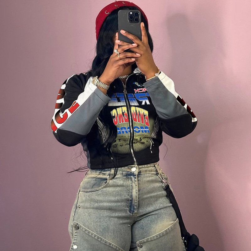 2025 Autumn New Style Slim Fit Half High Collar Printed Color Block Motorcycle Short Zipper Jacket for Women