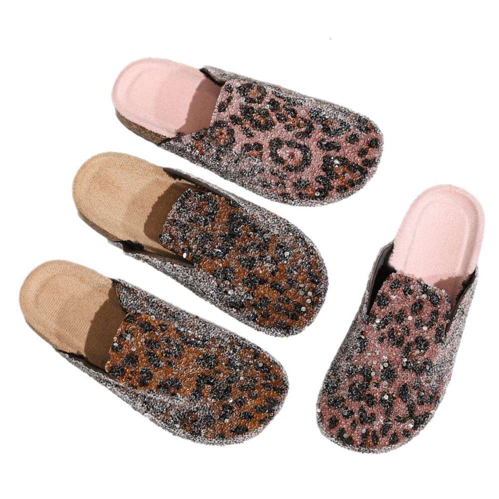 Pointed Toe Half Slip-On for Women Leopard Print Summer Outdoor Fashion Flat Sandals Soft Sole Internet Celebrity Lazy Women's Shoes
