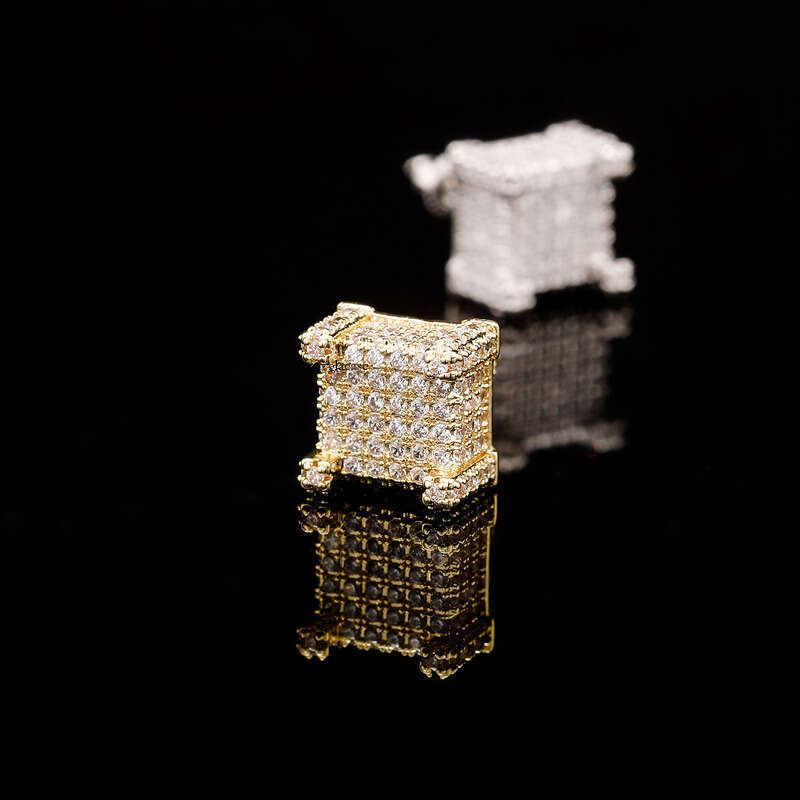 Iced Out VVS Square Three-Dimensional Pave Zircon Stud Personality Hip-Hop Unisex Versatile Earrings