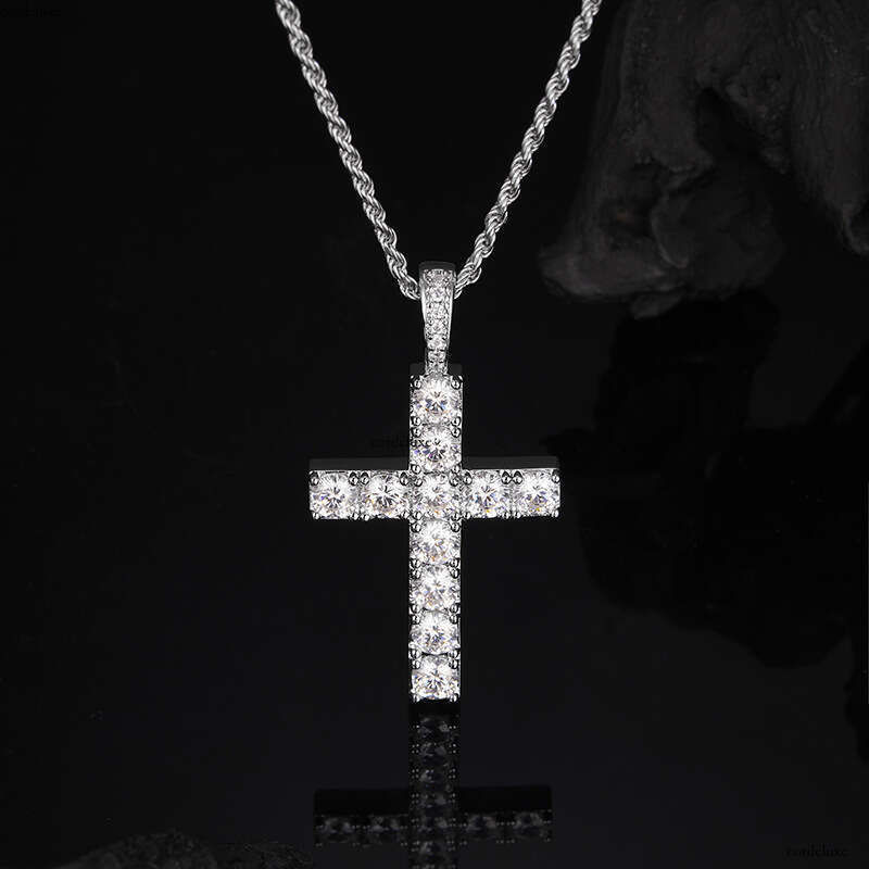 S Men's Moissanite Cross Pendant Necklace Trendy Classic Unisex Style Jewelry Sier Accessories