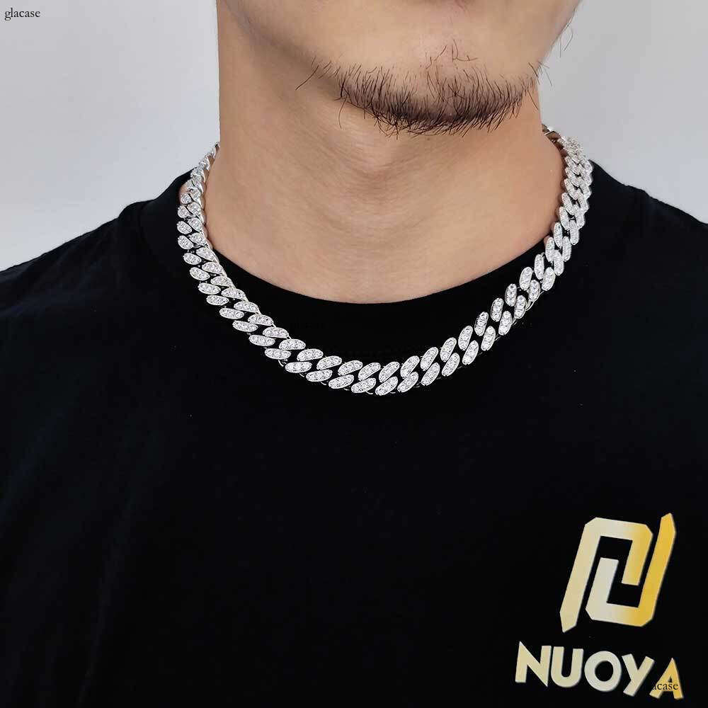 12mm Flip Clasp Single Row Moissanite chain Cuban Chain Trendy Versatile Men's Necklace Hip Hop Accessories