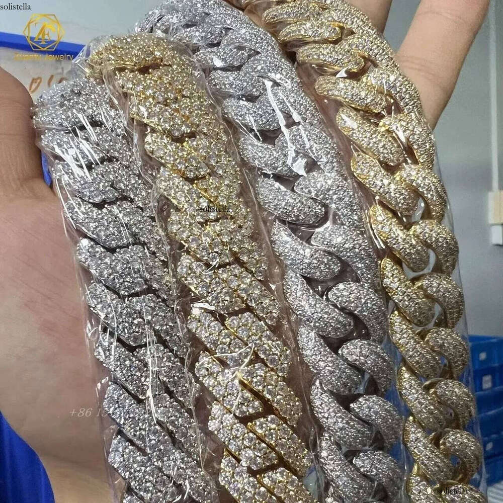 Fine Jewelry Hip Hop Iced Out 14k Gold Plated Miami Link 12mm 2 Rows Thick Solid Sier Vvs Moissanite Cuban Chain