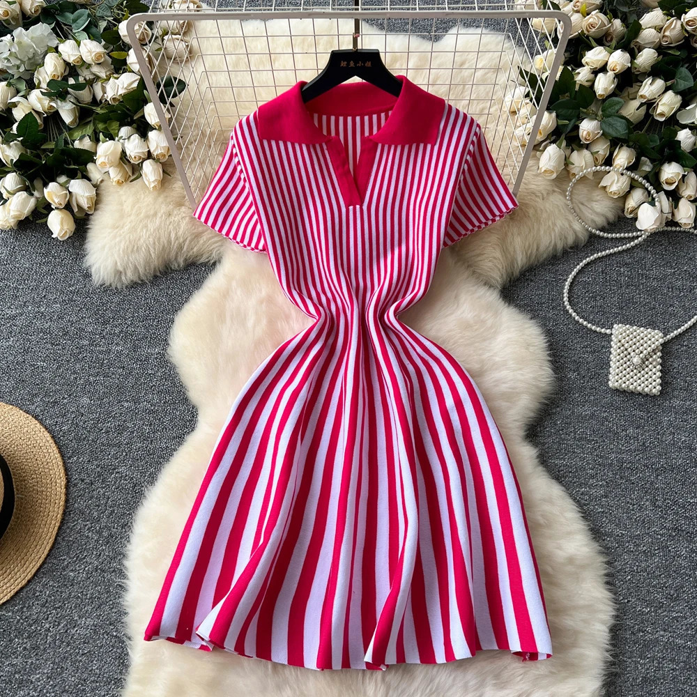 YuooMuoo Summer Vintage Vertical Stripes Knitted Dress Women Turndown Collar Slim Waist Aline Short 250809