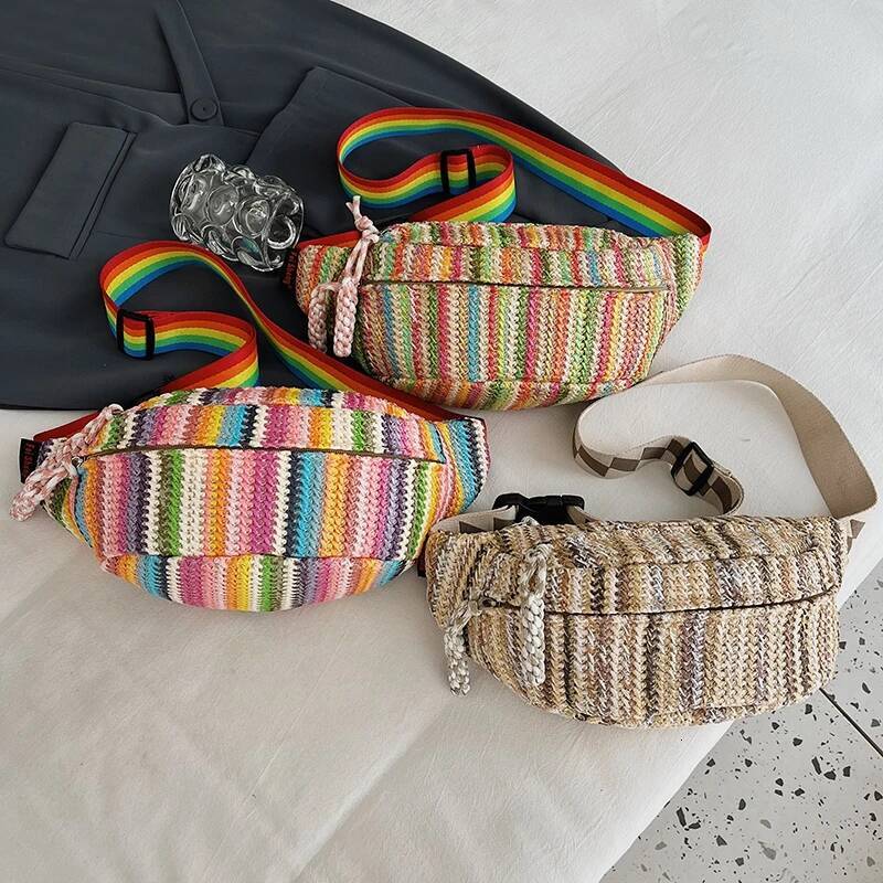 Elegance Lady Fanny Hand Woven Waist Bag Summer Female Belt Bags Rainbow Stripes Crossbody Chest Pack Designer Banana Packs