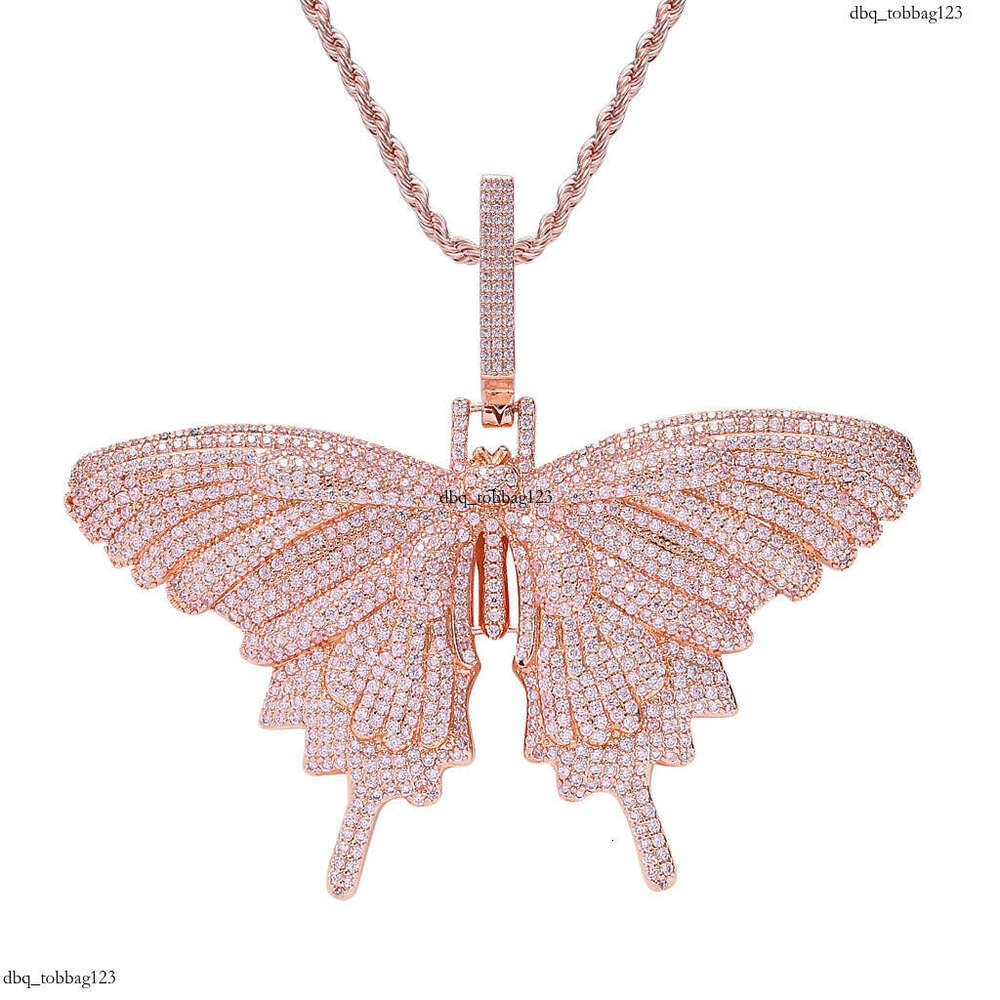 Pink Moissanite chain Pendant Rap Personality Exaggerated Large Butterfly Unisex Hip Hop Necklace