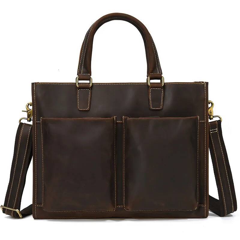 Newsbirds Leather Men 100% Cow Skin Briefcase Shoulder Strap Laptop Handbag With 2 Front Pockets New Designer Bag