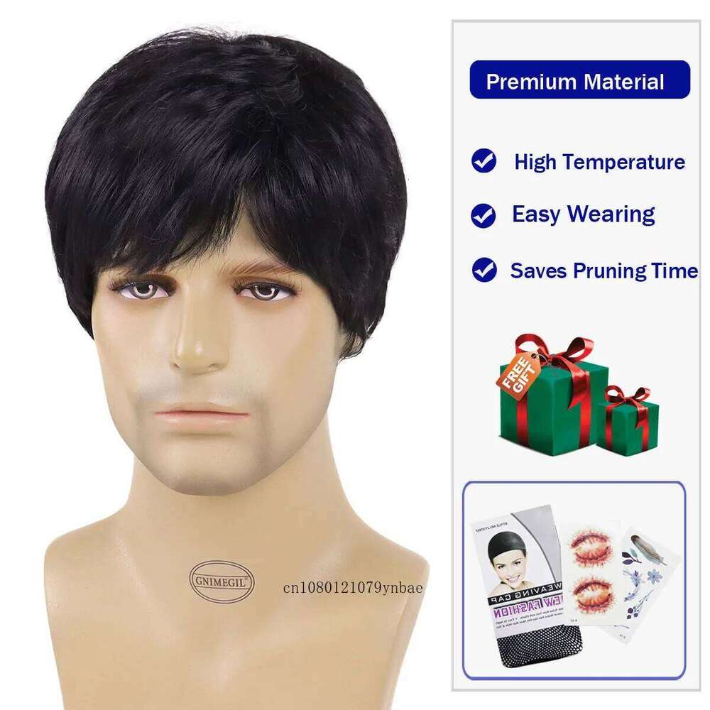 Synthetic Hair Wigs for Men Male Guys Short Natural Black Wig with Bangs High Temperature Fiber Daily Party Costume Casual Use