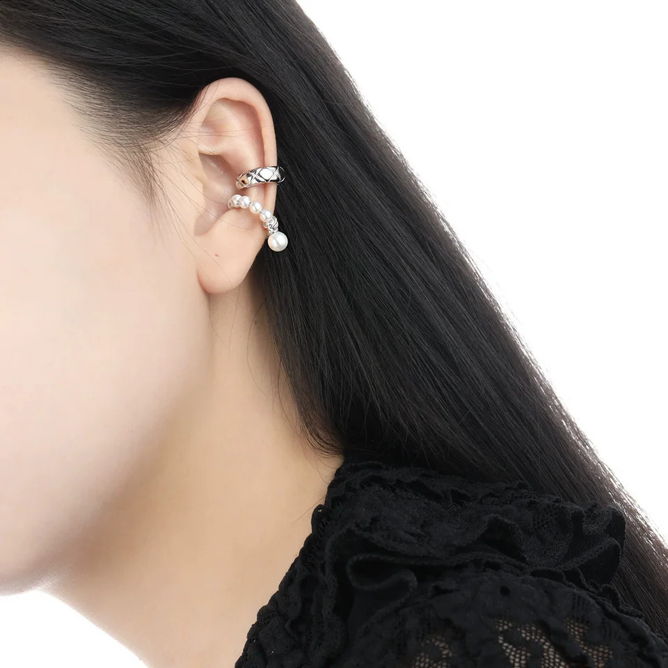 925 Silver Ear Bone Clip Earring Fashion Geometry Rhombus Pearl Ear Clip Without Pierced Personality Simple Women Girl Ear Jewel 250807