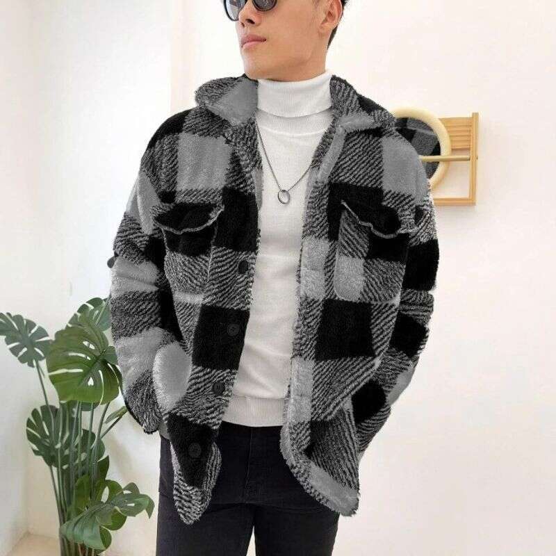 Men's Clothing Fashion Color Matching Plaid Lapel Three Dimensional Pocket Mid Length Jacket