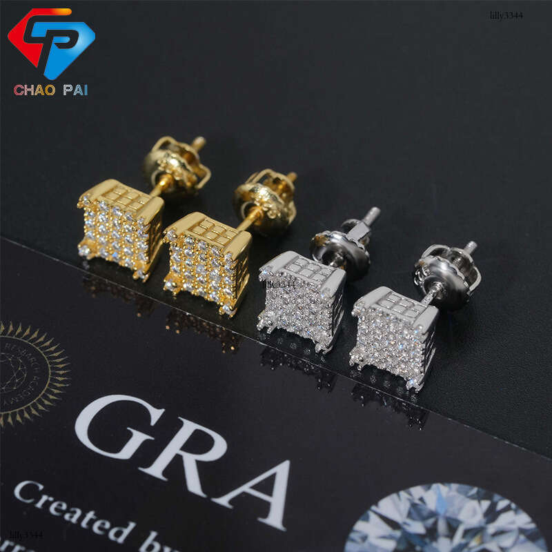 Hip-Hop Classic Square Unisex Sier Moissanite Full Inlay Personality Trendy Brand Earrings