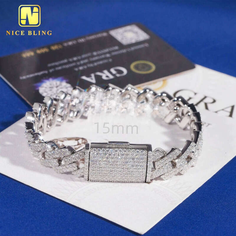 Wholesale 15mm Moissanite Dia Link Necklace Fine Jewelry Gold Plated Cuban Chain