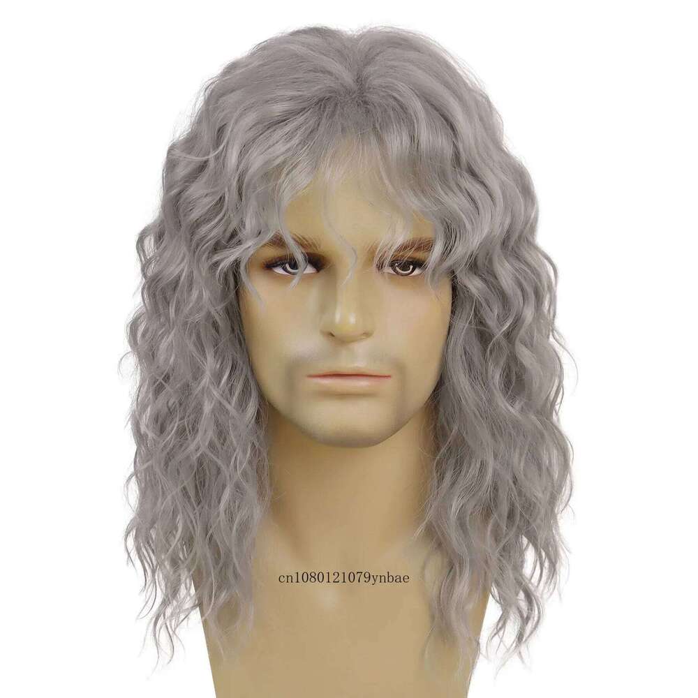 Grey Cosplay Synthetic Wigs for Older Men Halloween Long Wavy with Bangs Natural Wave Carnival Party Hair Replacement Wig
