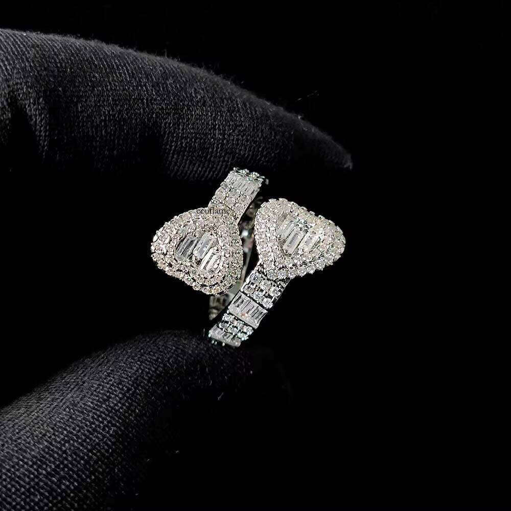Nuoya High Quality Iced Out Baguette CZ Shape Dia Double Heart Open Finger Ring