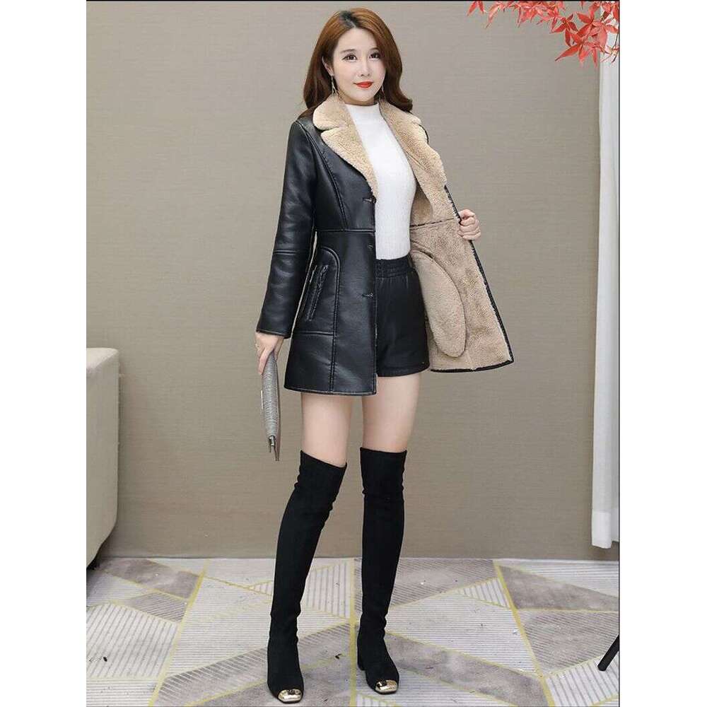 Women's Clothing Autumn And Winter Leather Plus Veet Thickened Mid Length Korean Version New Temperament Slim Fit Waist Pu Jacket Trendy