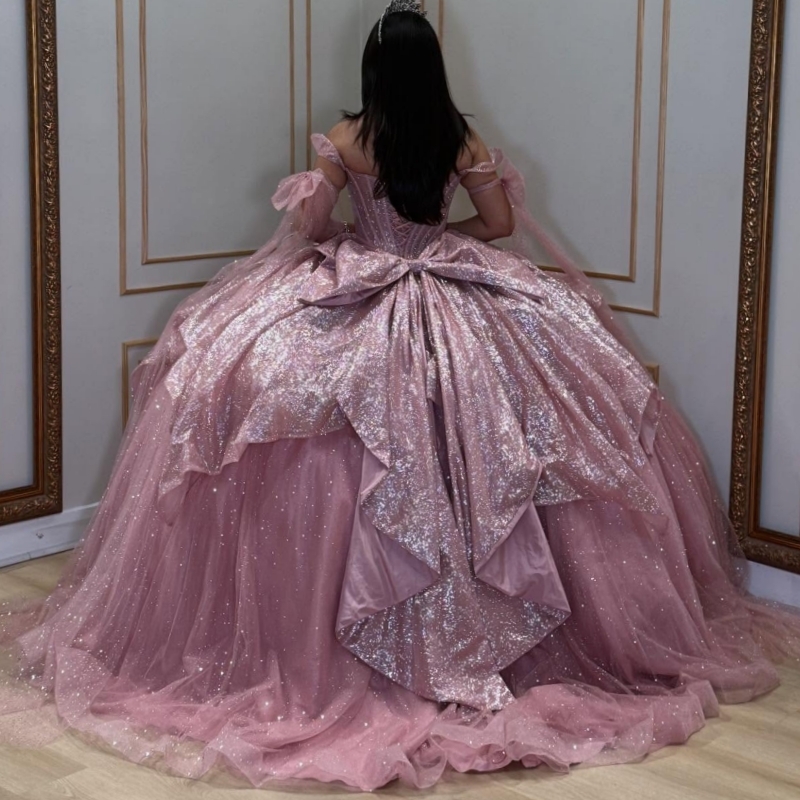 Pink Quinceanera Dresses Off The Shoulder Beads Bow Tull Party Birthday Ball Gown Vestidos De 15 Anos Sweet 16 Dress