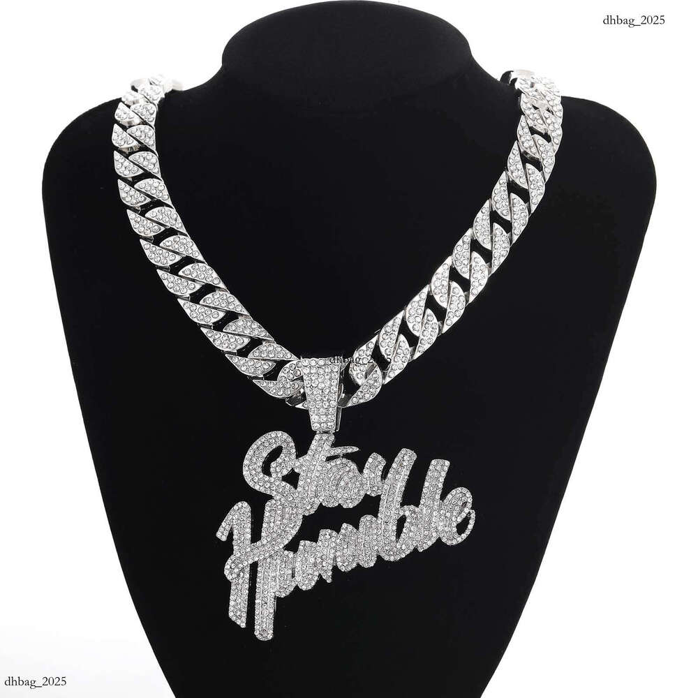 Hip Hop Necklace Double Row English Pendant Personality Trendy Men's Spliced Letter Full Dia Cuban Chain