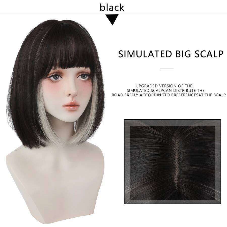 7JHH WIGS Short Bob with Bangs Highlight Siery Black Wig for Women Daily Cosplay Party Synthetic Hair Wigs Heat Resistant