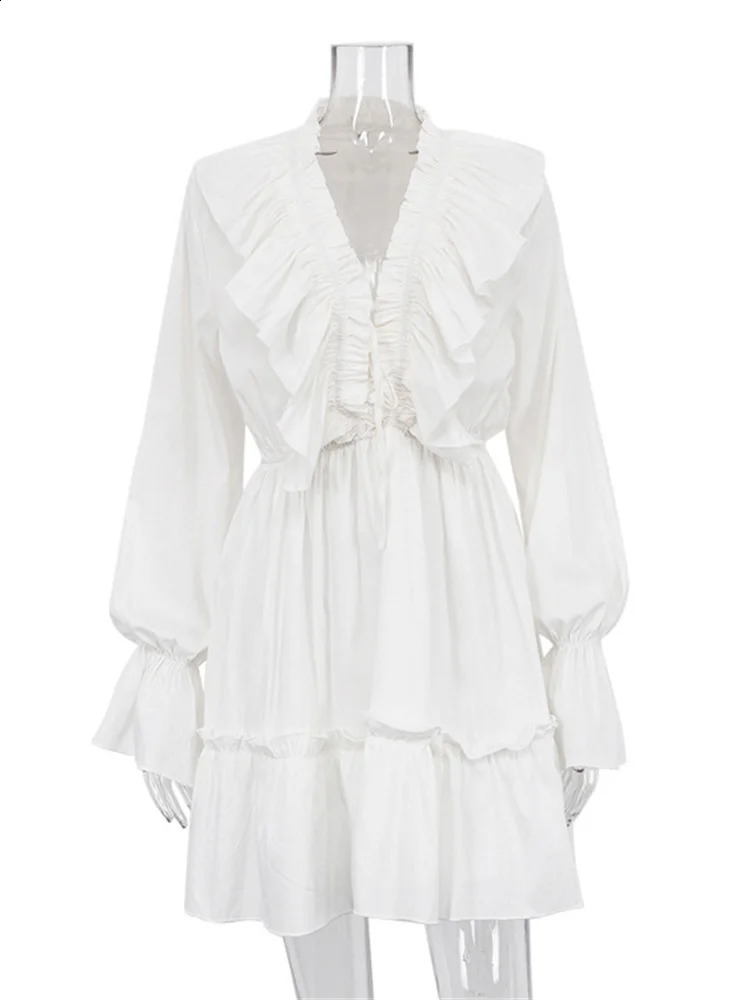 Tossy Ruffled VNeck White Mini Dress Female Patchwork Long Sleeve Elegant Bandage Fashion High Waist LaceUp Women 250809