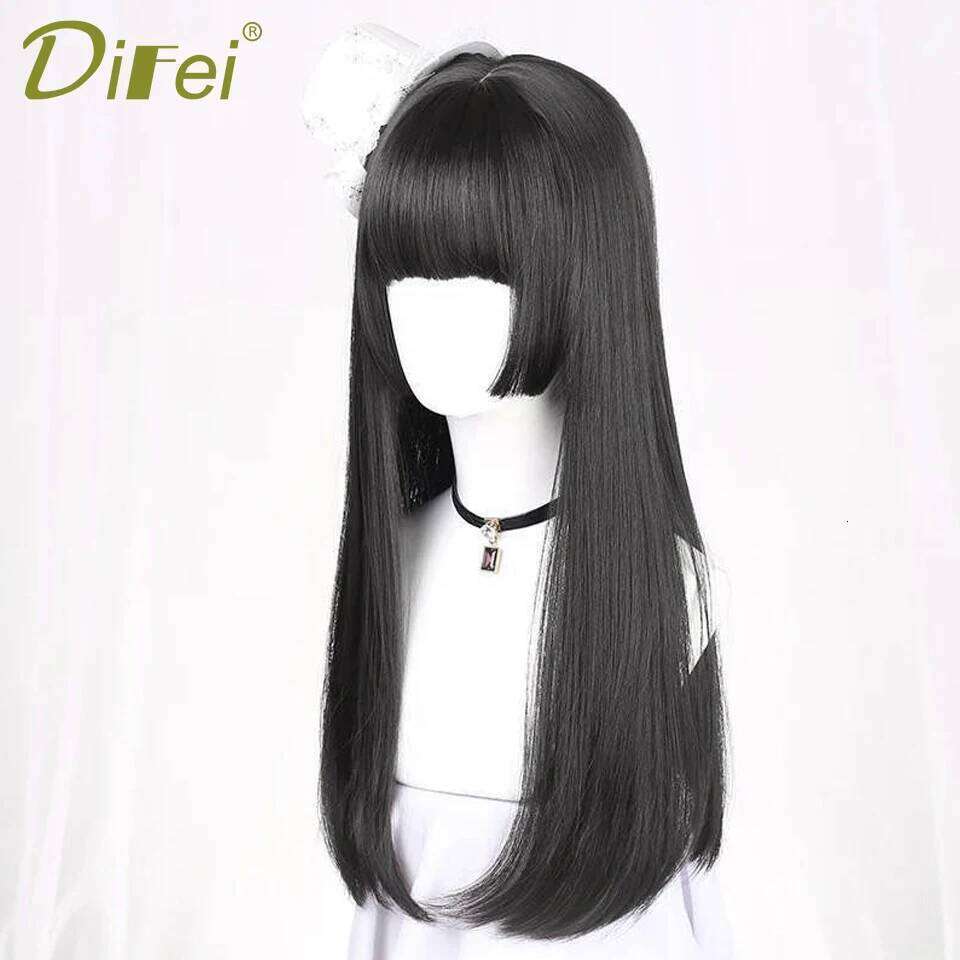 Natural Long Straight Synthetic Black With Bangs Lolita Cosplay Hair Wigs For Women Heat Resistant Fiber Daily Party Wig Fem