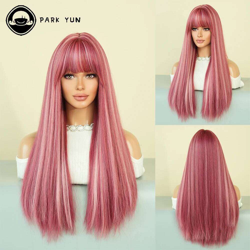 PARK YUN Long Straight Pink Wigs with bangs Women Highlights white Popular Sweet Synthetic Wig for Daily Cosplay Lolita