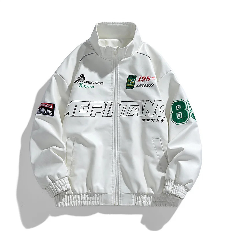 Mens Leather Jacket Pu Letter Embroidery Motorcycle Jacket Retro Hip Hop Windbreaker Biker Coat Street Fashion Black White Green 250809