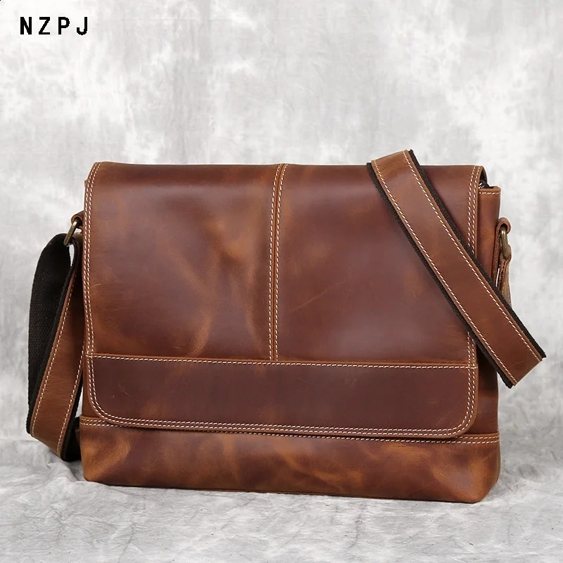 NZPJ Leather Mens Shoulder Bag Retro Top Layer Cowhide A4 File Mens Bag Brown Handmade Crazy Horse Leather Messenger Bag 250804