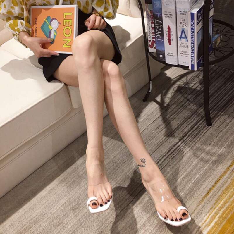 35-42 Plus Size 2025 New Summer Designer Shoes Transparent for Women, Mid Chunky Heel, Crystal High Heels, One-Strap Toe Cover Sandals