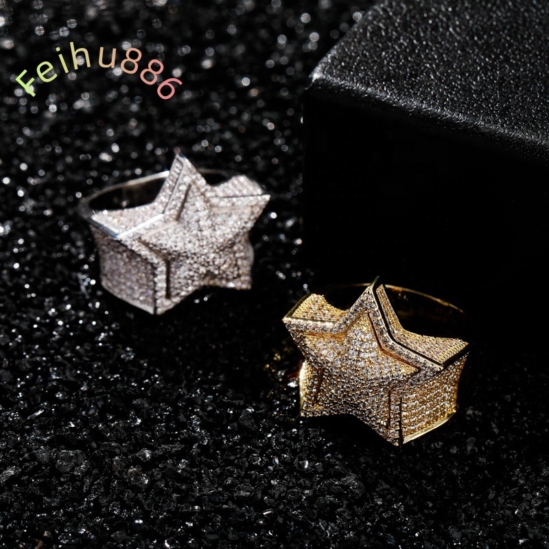 Luxury Hip Hop Mens Rapper Rings High Quality Iced Out Full Pave Moissanite Stone 3D Five-Pointed Star Inlaid Micro Pave Moissanite Jewelry