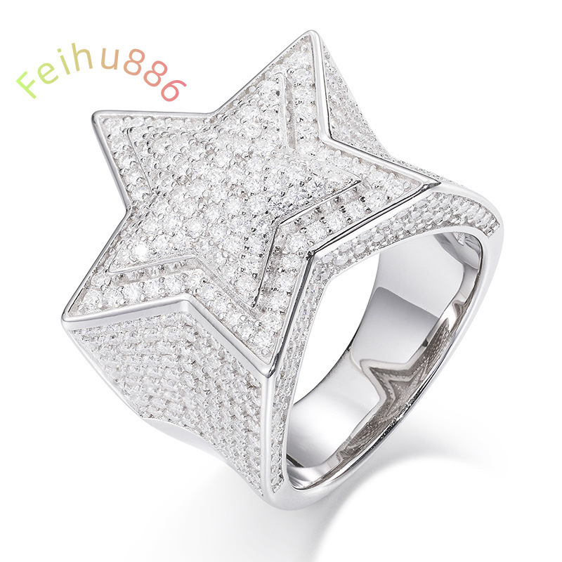 Hiphop Style Mens Womens 925 Sterling Silver VVS Moissanite Diamond Star Ring Iced Out Gold Plated Fine Jewelry