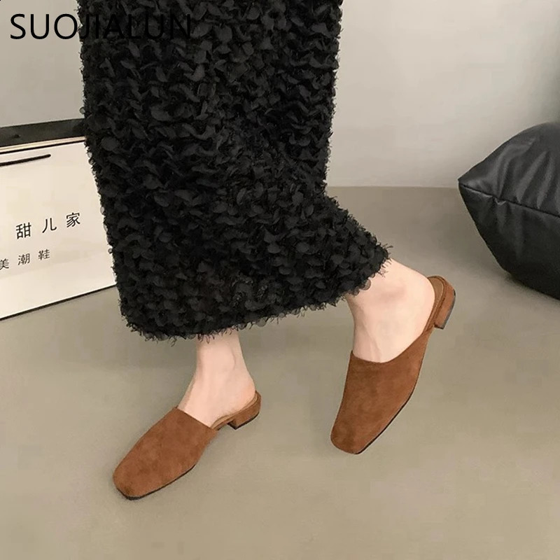 SUOJIALUN Autumn Women Flat Shoes Fashion Round Toe Slip On Mules Shoes Soft Flat Heel Outdoor Casual Dress Sandal Shoes 250815