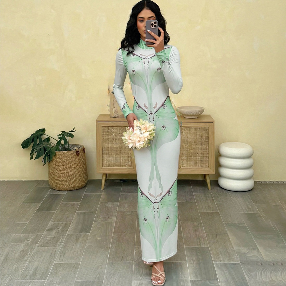 2025 Summer New Womens Fashion Elegant High Neck Slim Fit Bodycon Long Printed Dress