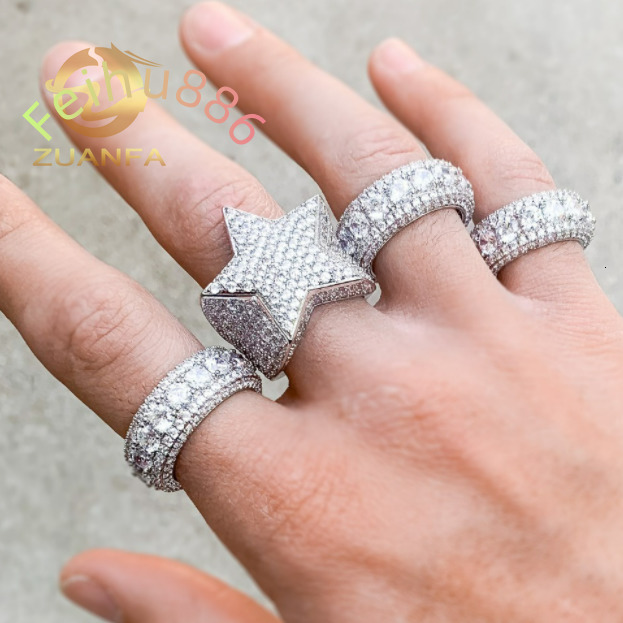 Fashion Rapper Jewelry Iced Out Hip Hop Men Diamond Ring Fully Moissanite 925 Silver 3 Row Moissanite Ring for Men Star Ring