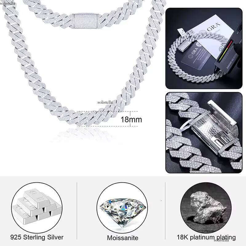18mm 3 Rows VVS Moissanite Iced Out Link Sterling Sier Lab Dia Hip Hop Jewelry Men Cuban Necklace Chain