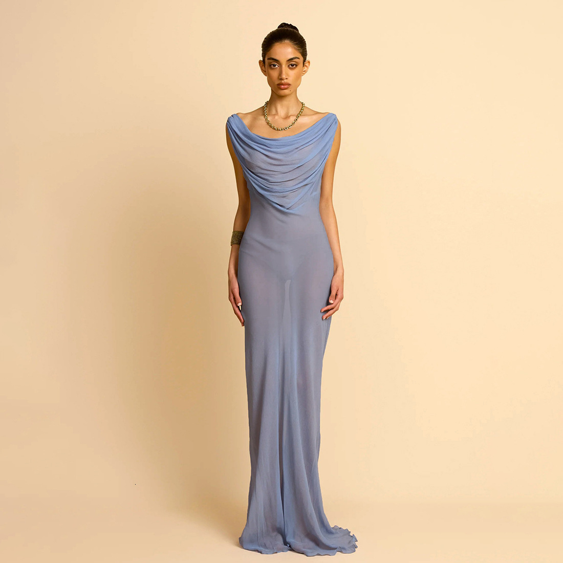 2025 Summer New Womens Fashion Sexy Mesh See-through Halter Backless Slim Long Dress