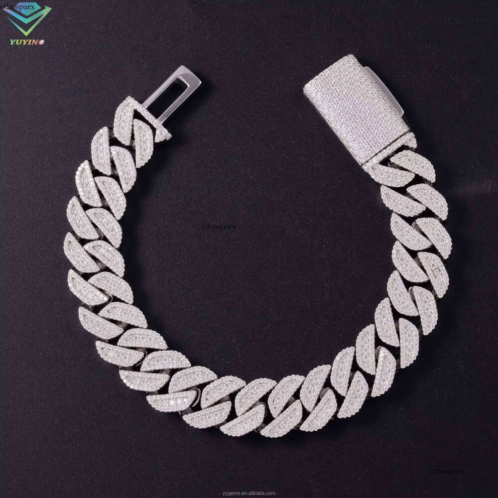 Heavy 15MM 3Rows S Sier Hip Hop Necklace White Gold Plated Moissanite Dia Cuban Link Chain