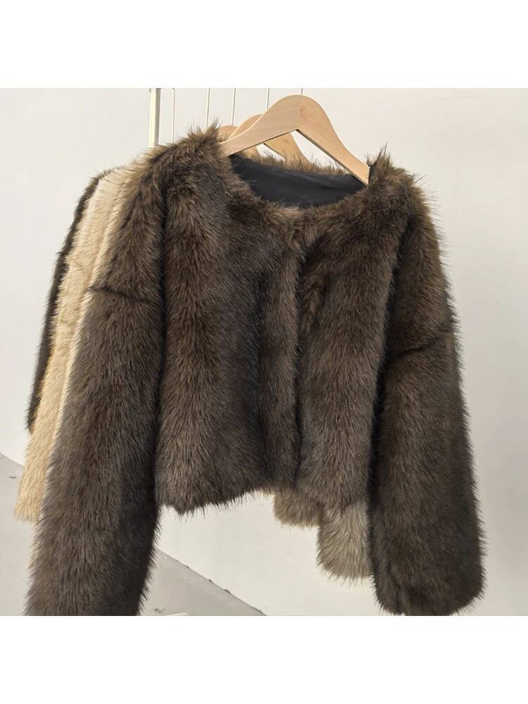 Mumaroho 2025 Winter Autumn Faux Fur Cropped Coat Solid Long Sleeve Thick Warm Outwear Fluffy Short Jacket Women