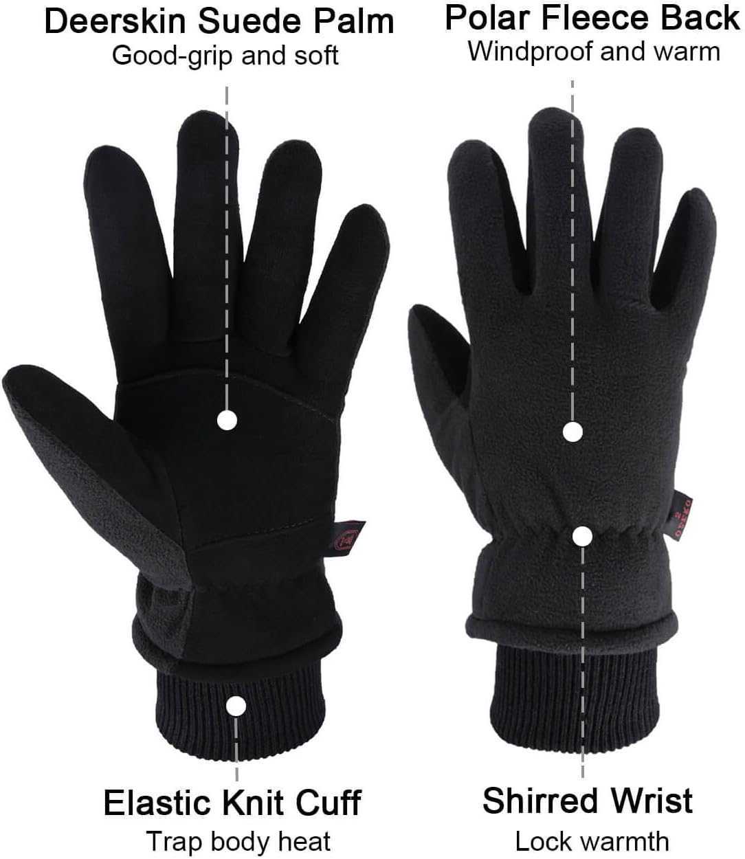Winter Thermal Gloves 30F Coldproof Water Resistant Deerskin Suede Leather Insulated Polar Fleece Warm in Cold Weather for Men and Women Black XSmall 