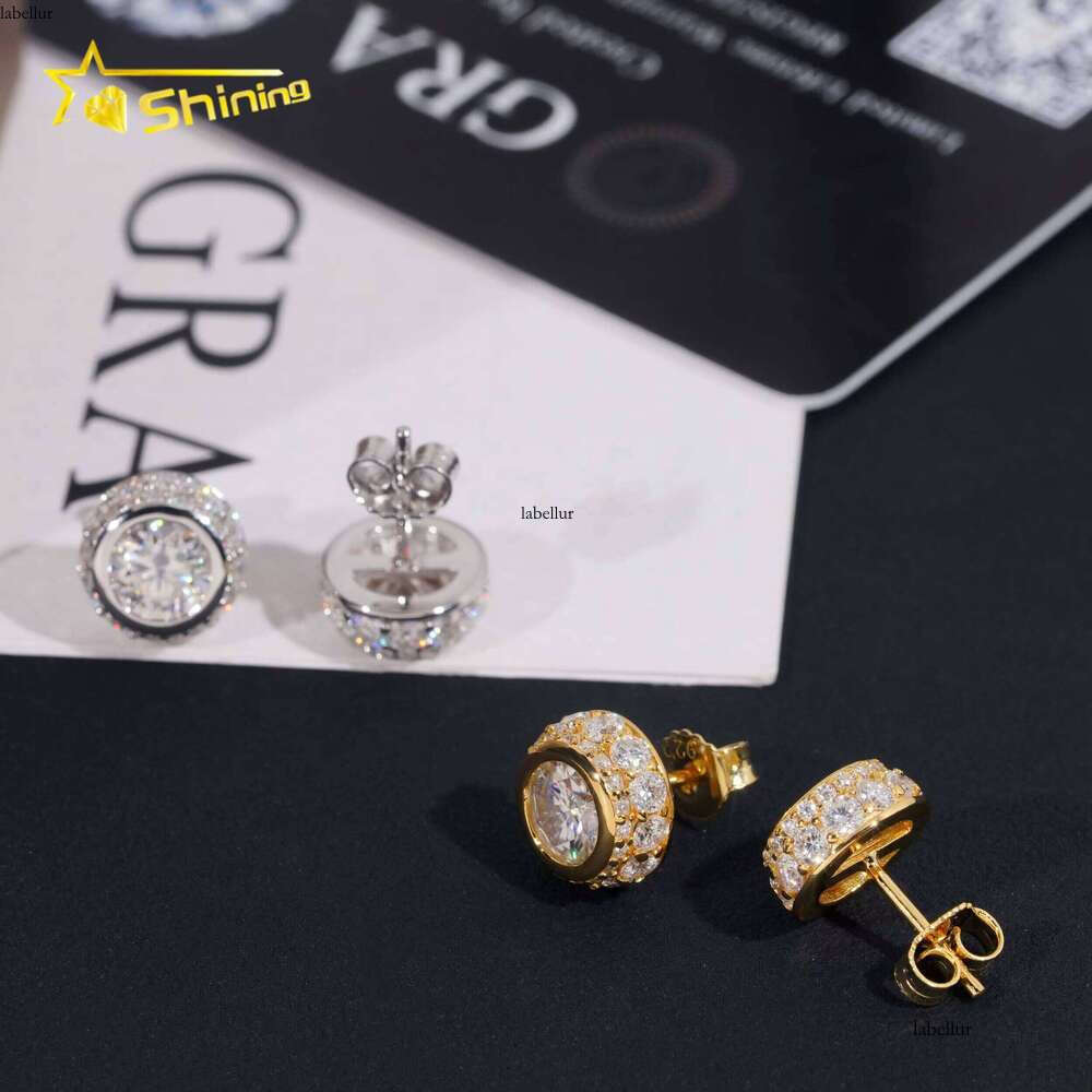 Hip Hop Gold Plated Bezel Setting 1ct Dia Mens Sier Iced Out Moissanite Earrings