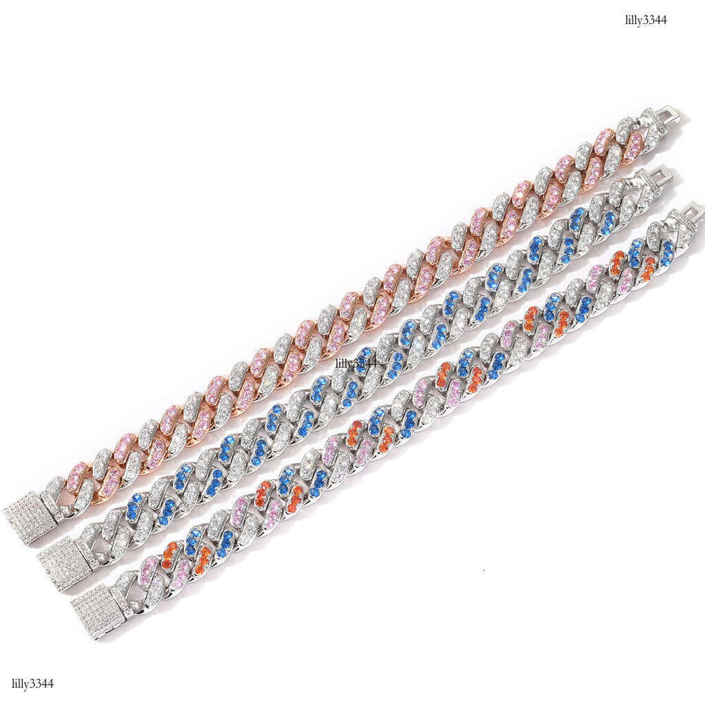 Bracelet 12mm Micro Paved 4 Color Zircon Cuban Chain Men's Hip Hop Trendy Accessories