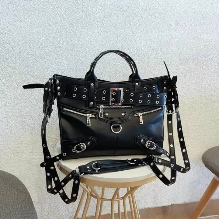 JIAERDI Rivet Black Tote Bag Women Y2k Grunge Vintage Large Capacity Crossbody Bags Ladies Moto Biker Designer Handbag