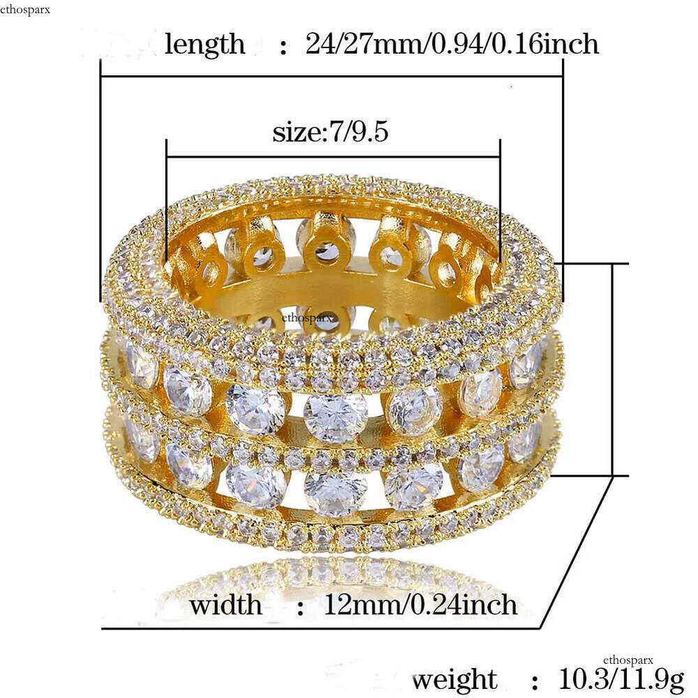 Double Rows Rings Hip Hop Shining Real Gold Plated Cubic Zircon Dia Finger Ring Jewelry