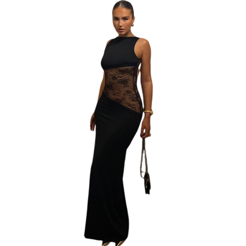 2025 Summer New Style Sexy Slim Fit Lace Patchwork Backless Long Dress Elegant French Dress