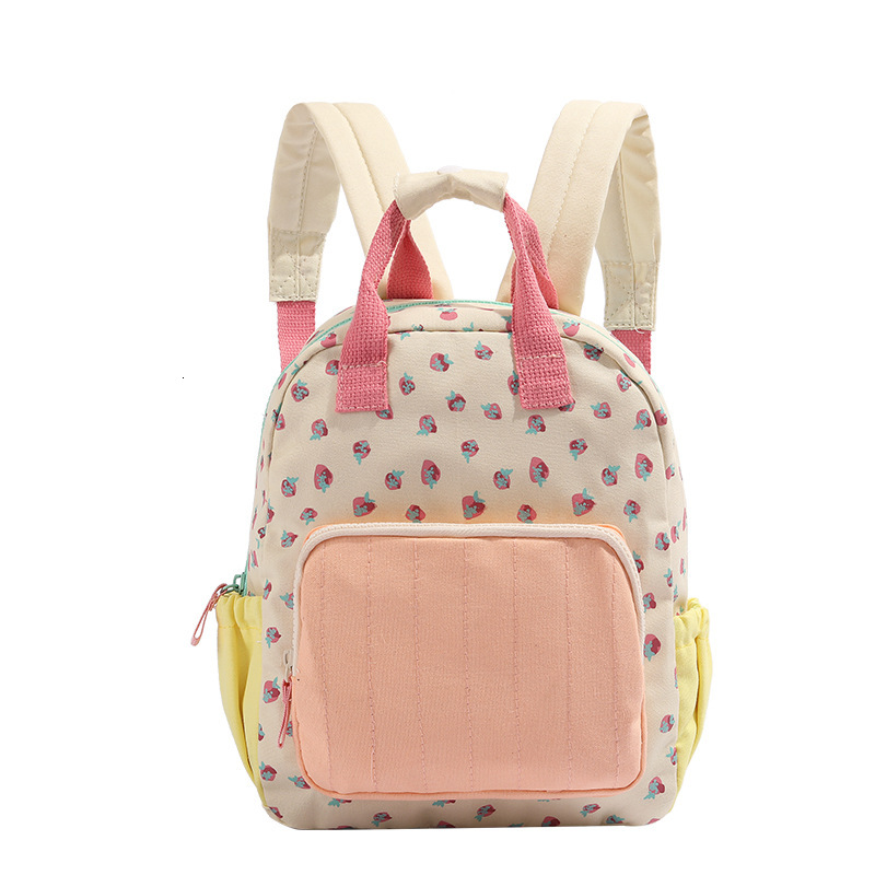 Strawberry Print Women's Canvas Dopamine Color Block Cute Backpack ddmymoon