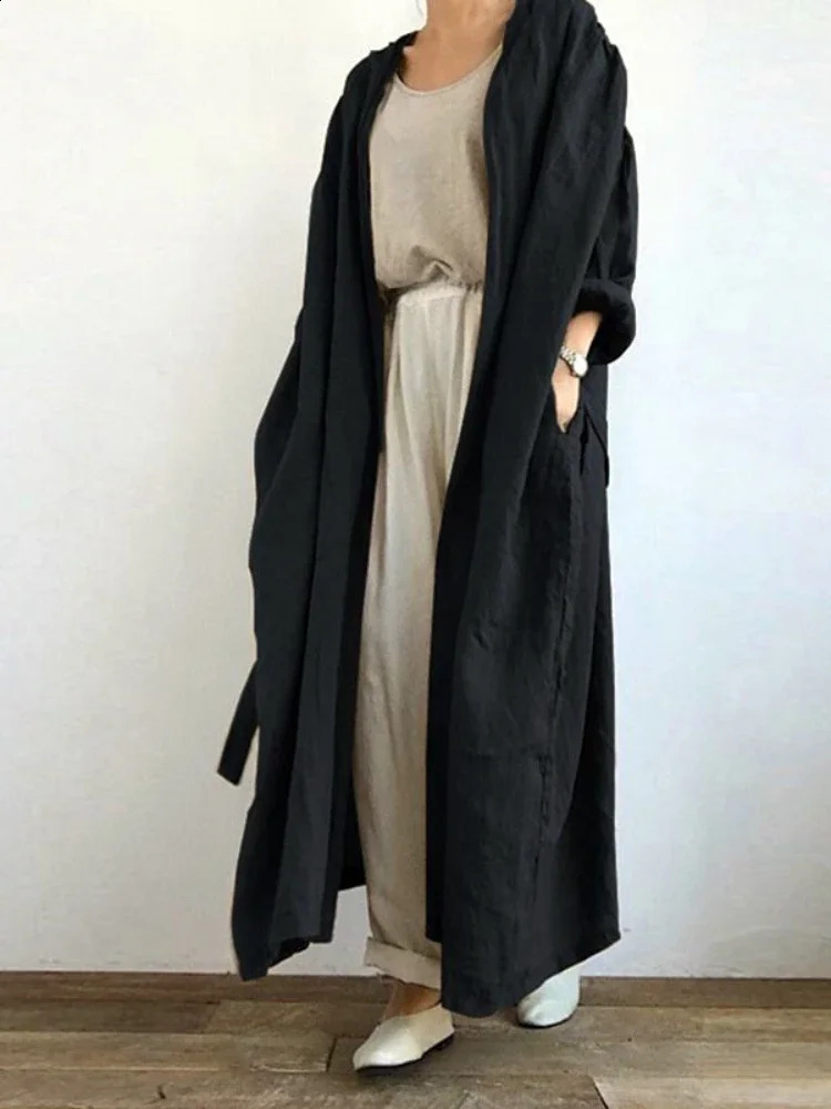 Ankle Length Trench Long Sleeve V Neck Open Stitch Outerwear Solid Loose Fit Cardigan Jackets Sashes Basics Pockets 250809