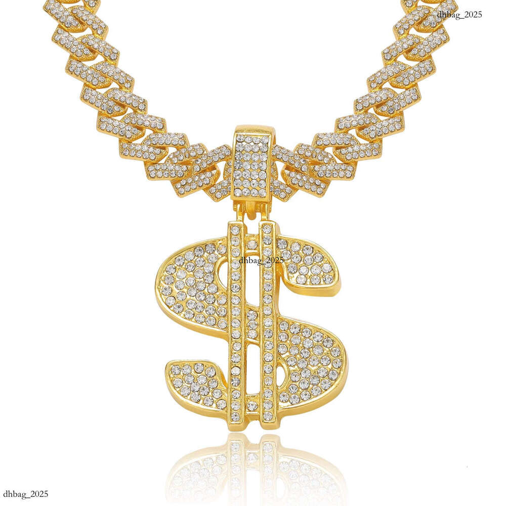 Necklace Hip Hop Dollar Sign Pendant Full Dia Rhombus Cuban Chain Men's Unique Trendy Accessories