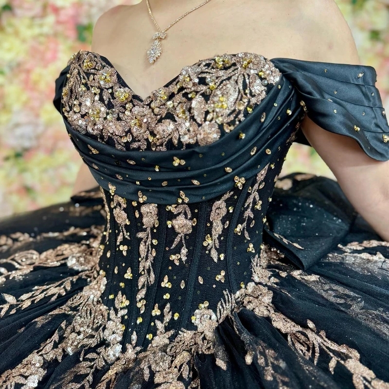 Black Quinceanera Dresses Ball Gown Off The Shoulder Gold Applique Lace Beads Bow Tull Party Birthday Sweet 16 Dress Vestidos 15 Anos