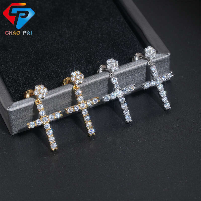 ICED OUT New Full Dia Sier Cross Fashion Micro Pave Zircon Earrings Hip Hop Ear Jewelry