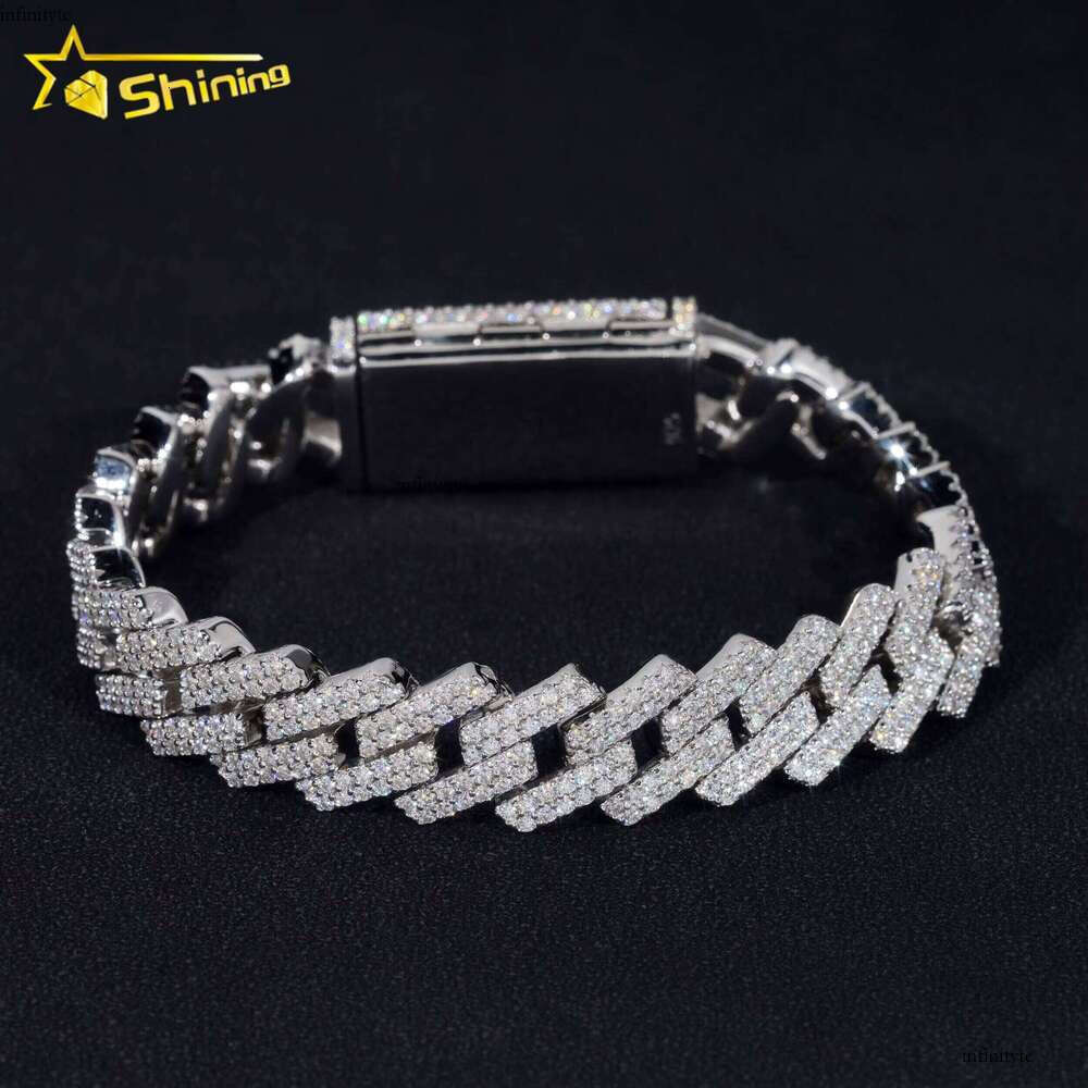 Trendy Two Rows 14mm Sterling Sier Hip Hop Fine Jewelry Vvs Moissanite Dia Cuban Link Bracelet Men