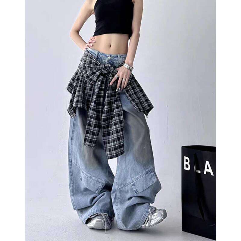 MEXZT Y2K Cargo Jeans Women Haruku Plaid Patchwork Wide Leg Denim Pants Vintage Grunge Korean High Waist Baggy Design Trousers